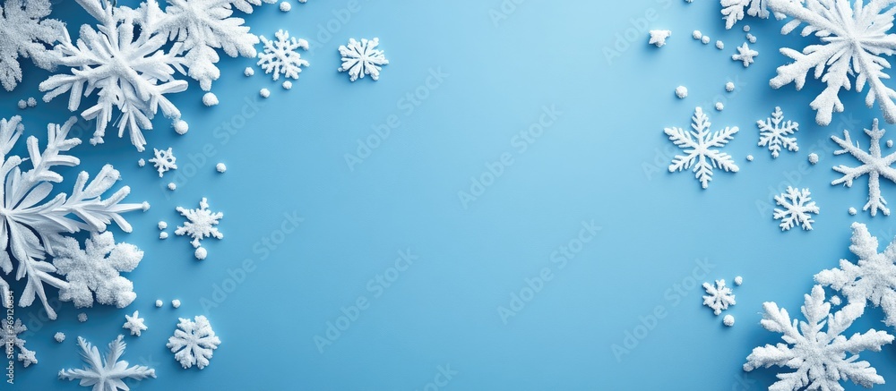 Poster blue paper backdrop featuring a Christmas border. with copy space image. Place for adding text or design