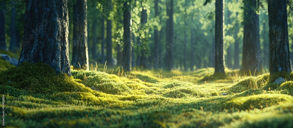 Poster a enchanting pine tree forest in daylight featuring moss and grass. with copy space image. place for
