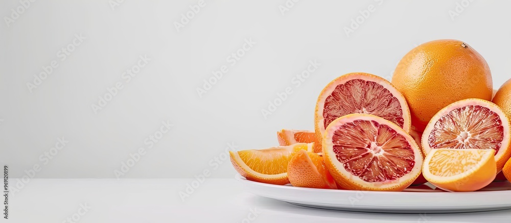Leinwandbilder Composition of whole and sliced blood oranges arranged on a plate against a white table background. with copy space image. Place for adding text or design