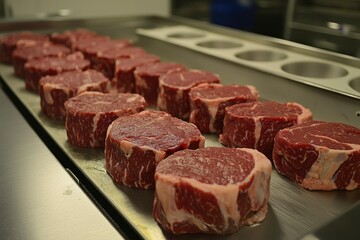 Fototapeta premium Raw Beef Steaks Lined Up On A Metal Tray