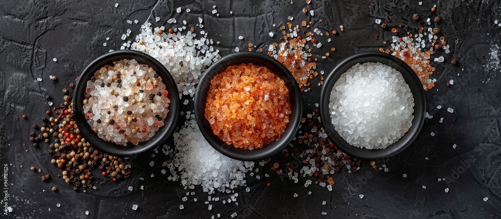 Poster salt and spices spread out on a black background top view. with copy space image. place for adding t