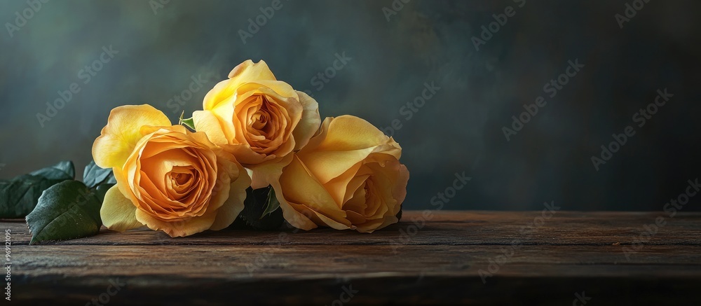 Aufkleber yellow roses on an antique wooden table. with copy space image. place for adding text or design