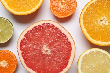 Tropical fruits on white background. Summer concept. Flat lay, top view, copy space