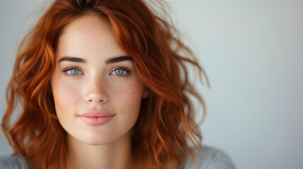 Naklejka premium Studio Portrait Young Happy Woman Gazing Into