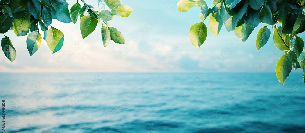 Poster Green leaves against a backdrop of the sea Front view. with copy space image. Place for adding text or design