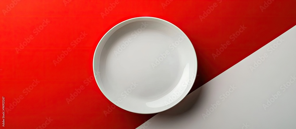 Aufkleber Top view of an empty white plate against a white and red backdrop. with copy space image. Place for adding text or design