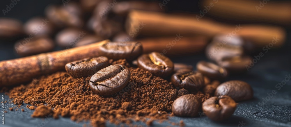Poster Roasted coffee beans and cinnamon can serve as a background. with copy space image. Place for adding text or design