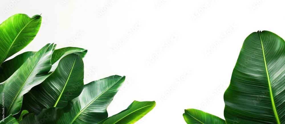 Poster a tropical banana leaf on a white isolated background for a green foliage backdrop with copy space