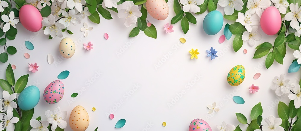 Poster easter greeting card backdrop spring tree decorations with vibrant eggs flowers and leaves on a whit