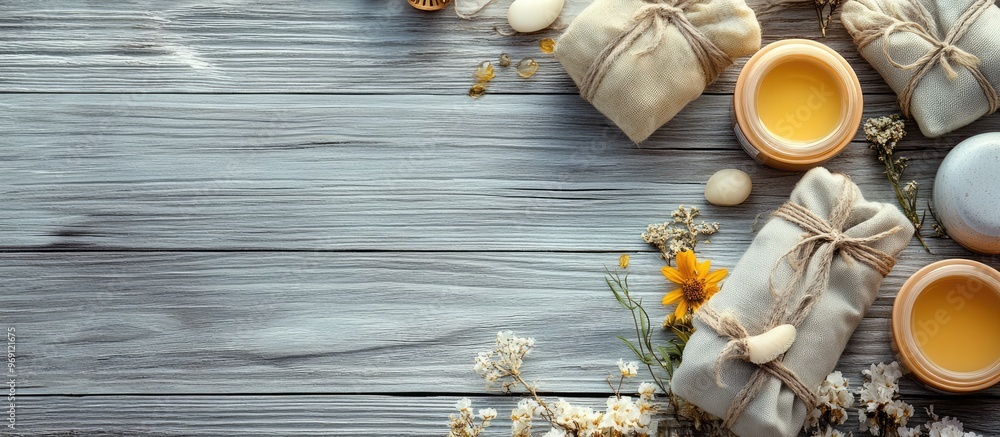Poster Flat lay arrangement featuring herbal massage bags and various spa products on a gray wooden table with space for text. with copy space image. Place for adding text or design