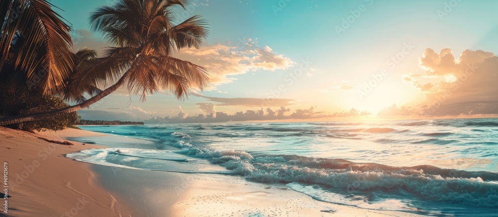 Poster Tropical beach featuring palm trees and the sea at sunset serving as a vintage style background for summer beach vacations. with copy space image. Place for adding text or design