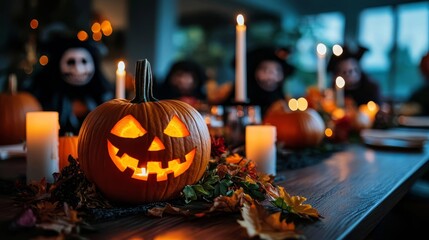 Harvest table, candlelit pumpkins, costumed diners, cozy ambiance, watercolor style