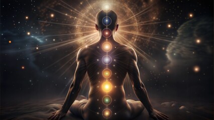 Back view of meditating figure with glowing chakras aligned on spine, cosmic and mystical background
