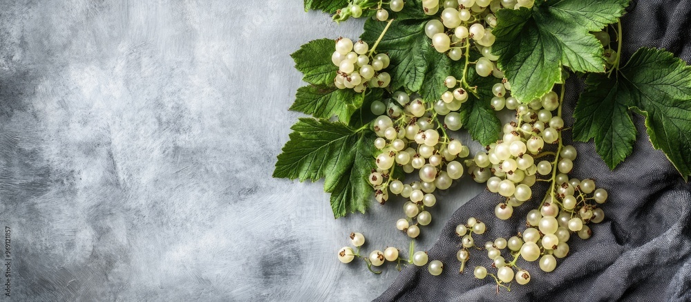 Leinwandbilder Fresh white currant berries and green leaves on a gray textured table viewed from above Room for text. with copy space image. Place for adding text or design