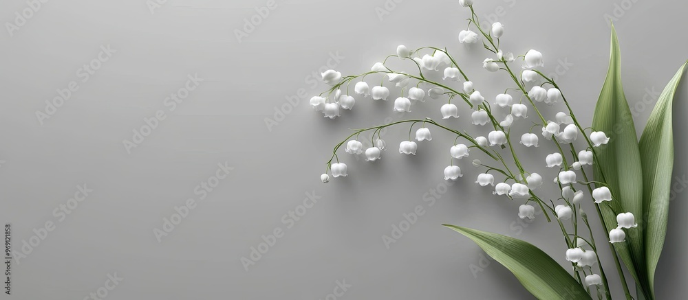 Poster lily of the valley blooms on a gray backdrop. with copy space image. place for adding text or design