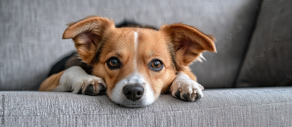 Aufkleber A sad little dog with floppy ears rests on the sofa. with copy space image. Place for adding text or design