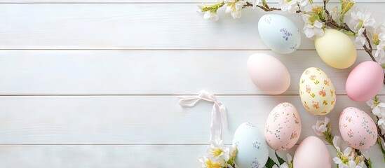 Obraz premium Top view Easter decorations are placed on a white wooden background with copy space for your text Concept EASTER