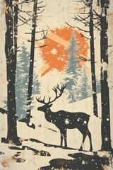 Reindeer grazing in a winter woodland scene