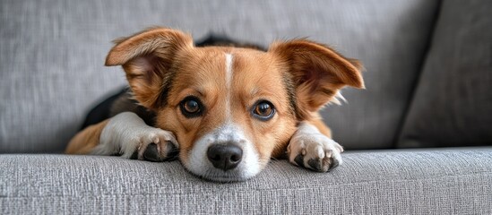 Obraz premium A sad little dog with floppy ears rests on the sofa. with copy space image. Place for adding text or design