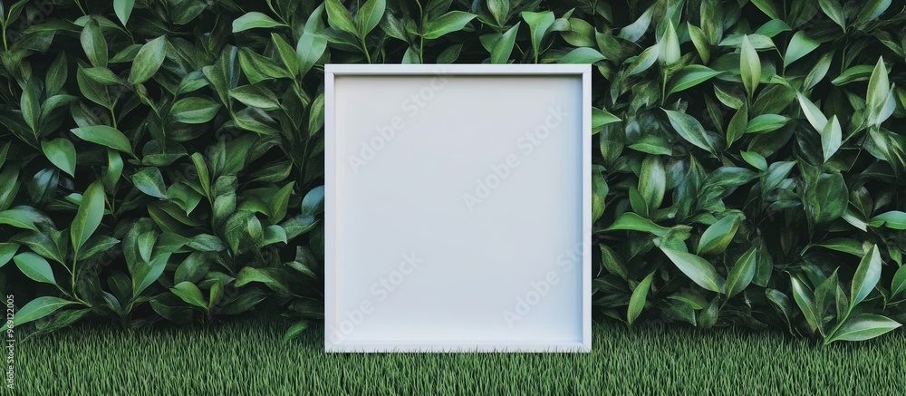 Poster blank white wooden frame on green grass backdrop. with copy space image. Place for adding text or design