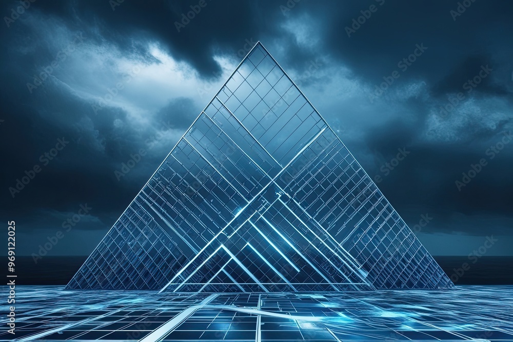 Poster futuristic angular geometric grids on dark blue background with 3d technology elements