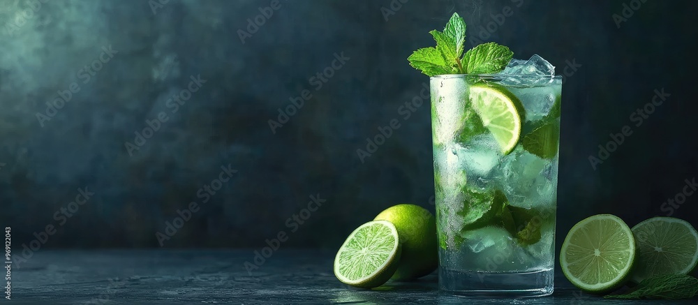 Fototapete Mojito cocktail in a tumbler with lime mint and lemon set against a dark concrete background Prepare a mojito. with copy space image. Place for adding text or design