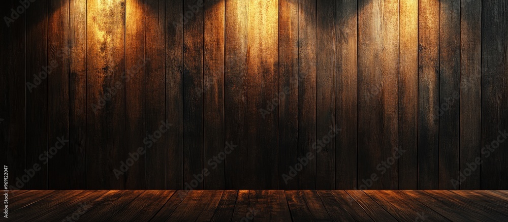 Aufkleber a vacant wooden dark wall illuminated by warm lights from a lamp the wall features a wooden pattern 