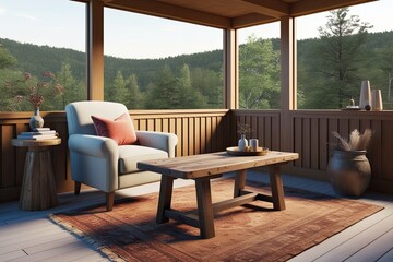 Obraz premium Cozy 3D Visualization of a Cottage Lounge Area with a Plush Armchair, Reclaimed Wood Table, and Vintage Textile Rug in a Panoramic Nature Setting