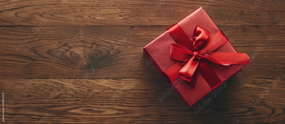 Poster present box with red ribbon on wooden table. with copy space image. Place for adding text or design