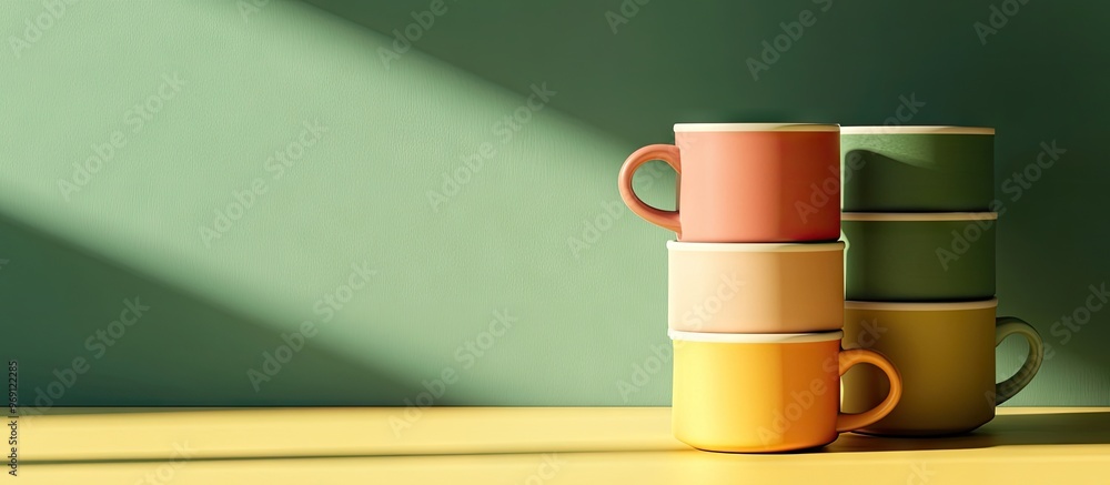 Poster A stack of mug cups sits on a yellow table with a green wall in the background showcasing a home interior. with copy space image. Place for adding text or design