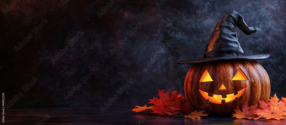 Poster a pumpkin donning a halloween witch hat with maple leaves against a dark background. with copy space