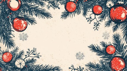 Retro coloring book illustration of a festive border adorned with vibrant red and silver ornaments on evergreen branches featuring whimsical snowflakes and ample space for creative expression