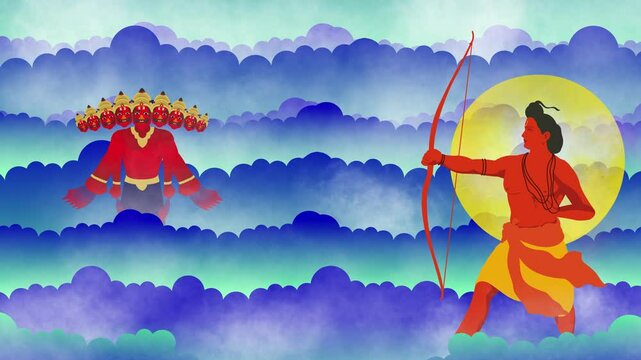 Video illustration of Ravana, Lord Rama,Happy Dussehra Sale social media feed template festival of India. of Lord Rama killing Ravana. Video illustration design