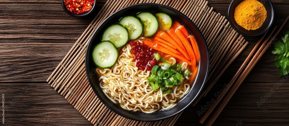 Aufkleber asian noodle soup ramen with vegetables in a bowl alongside wooden chopsticks on a bamboo mat from a