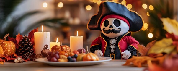 Pirate costume, candlelit Thanksgiving feast, autumn decorations, watercolor style