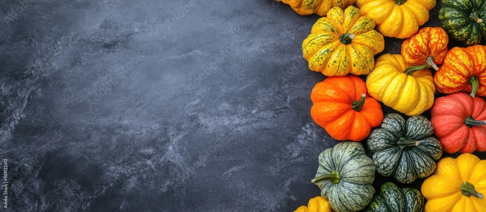 Poster bunches of squash form a natural border around an empty area with copyspace on the table