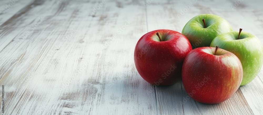 Poster one red apple and two green apples rest on a white wooden surface there are fresh apples on the kitc