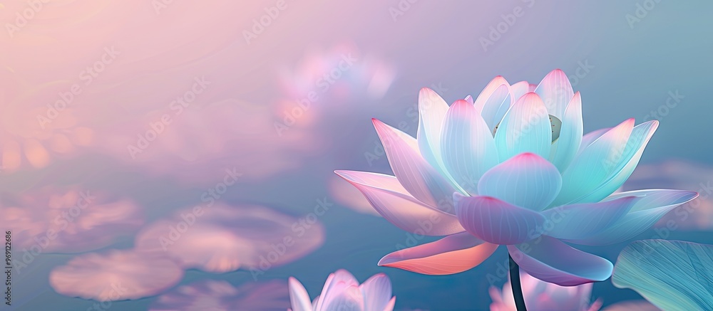 Poster Lotus flower featuring a pastel multicolored gradient abstract nature background. with copy space image. Place for adding text or design