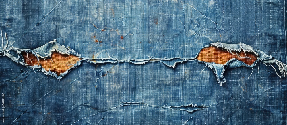 Leinwandbilder blue old denim background featuring a torn patch in the center used as a backdrop. with copy space i