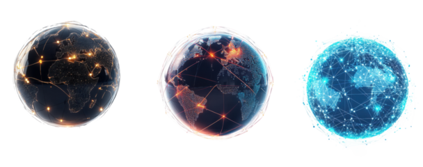 Set of Minimalist globe illustration with glowing digital connections, isolated on white background, futuristic design
