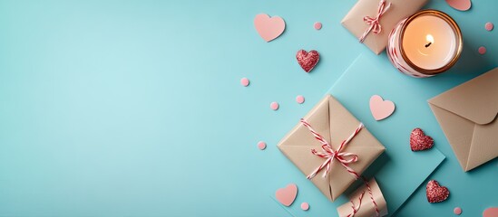 Fototapeta premium Valentine s Day backdrop Gifts candle confetti and envelope on a pastel blue surface Valentine s Day theme Flat lay top view copyspace