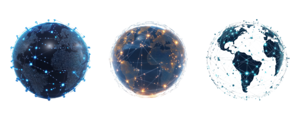 Set of Minimalist globe illustration with glowing digital connections, isolated on white background, futuristic design