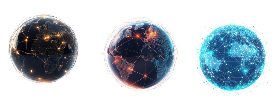 Set of Minimalist globe illustration with glowing digital connections, isolated on white background, futuristic design