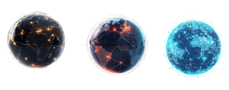 Set of Minimalist globe illustration with glowing digital connections, isolated on white background, futuristic design