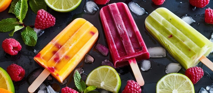 Refreshing Mexican style ice pops raspberry lime honeydew margarita paletas popsicles Overhead view Cinco de Mayo recipe copyspace