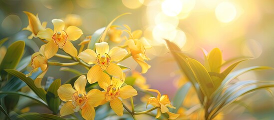 Obraz premium Dendrobium densiflorum Lindl Orchidaceae yellow orchid in the garden illuminated by morning light. with copy space image. Place for adding text or design