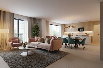 Fototapeta premium 3D Visualization of a Stylish Modern Home Featuring Cozy Sofa and Elegant Dining Furniture in Bright Living Room