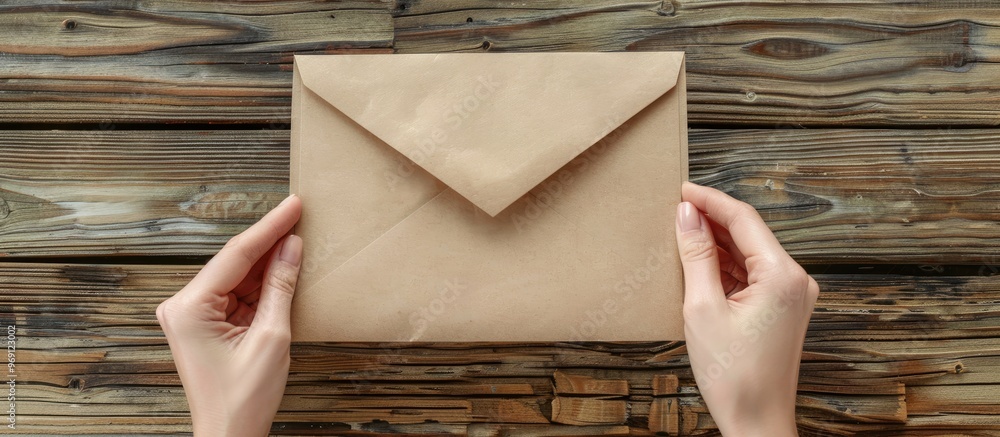 Aufkleber A blank postcard and envelope held in female hands against a blurred wooden background. with copy space image. Place for adding text or design