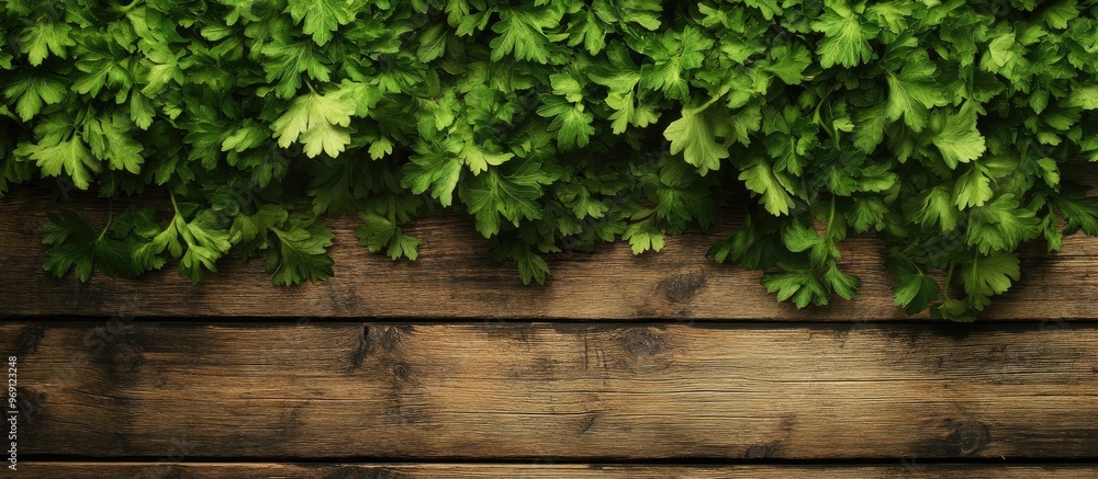 Poster A cluster of fresh green parsley leaves on a light wooden table Room for text. with copy space image. Place for adding text or design