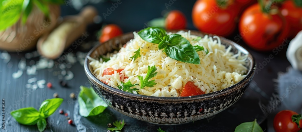 Poster A bowl containing shredded cheese and tomatoes set on a table. with copy space image. Place for adding text or design